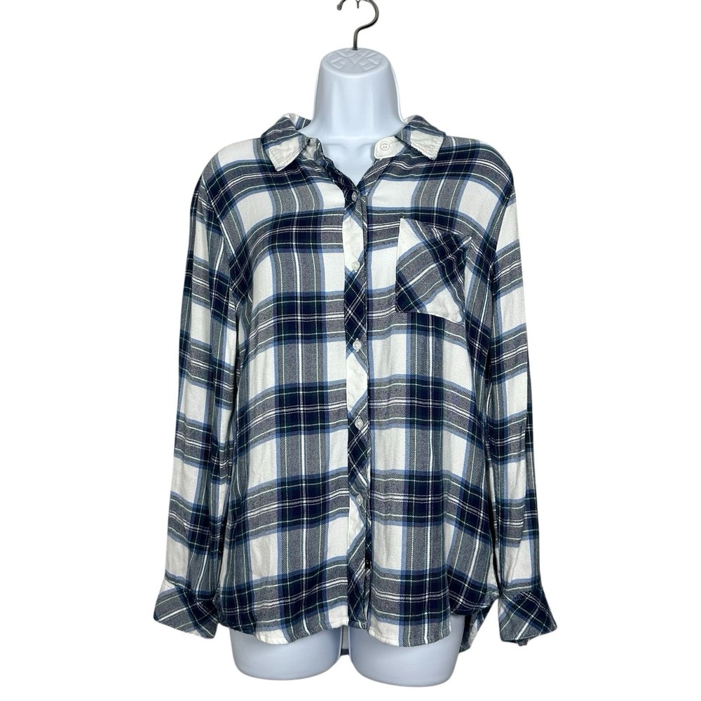 Rails Plaid Rayon Flannel Shirt Women's Small Blue White Button Up Casual Pocket